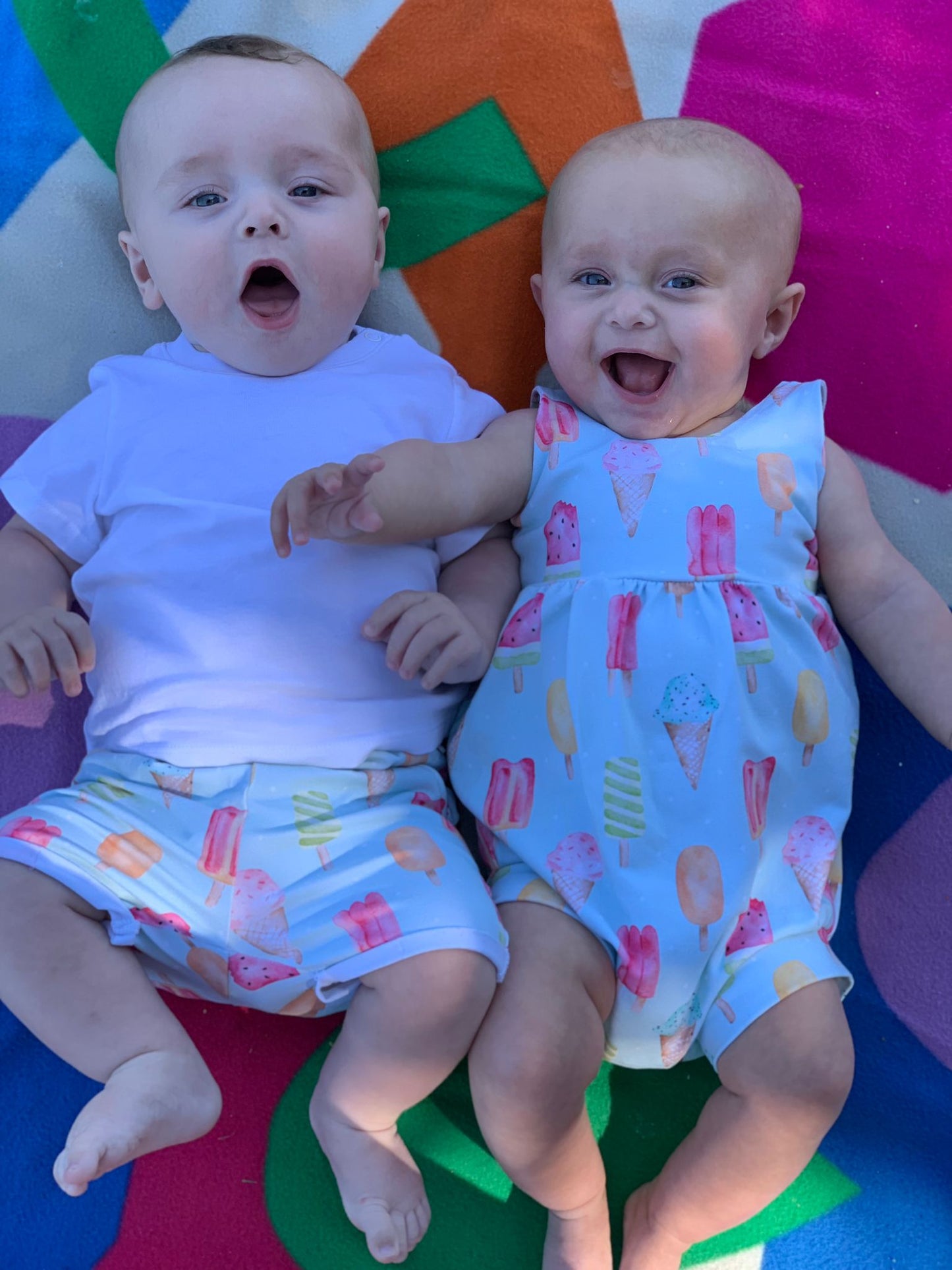 twins, matching set, twin outfit, summer set, ice cream print, summer romper, baby set